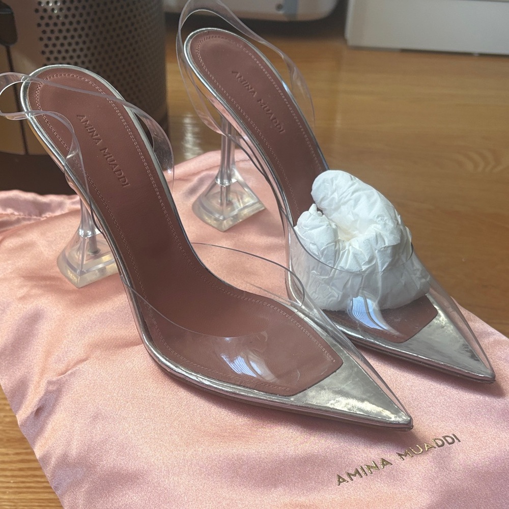 Amina Muaddi Silver and Clear Heels